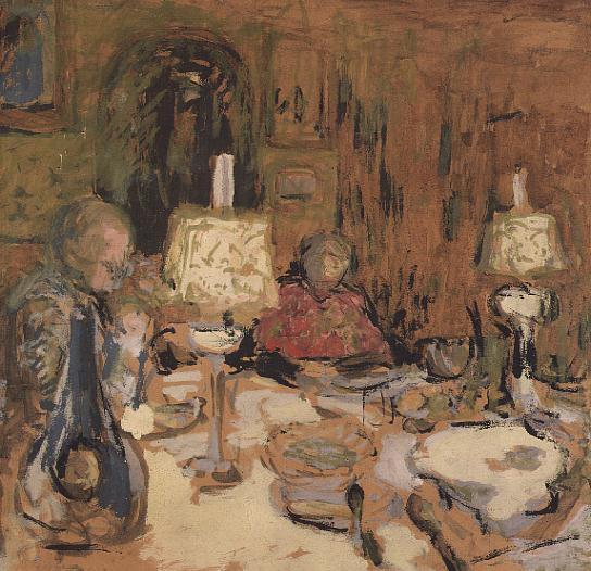 The Dinner with Two Lamps, rue de Calais, 1913 (distemper on brown paper)  de Edouard Vuillard