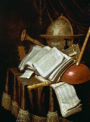 Vanitas with a globe, musical scores and instruments de Edwaert Colyer or Collier