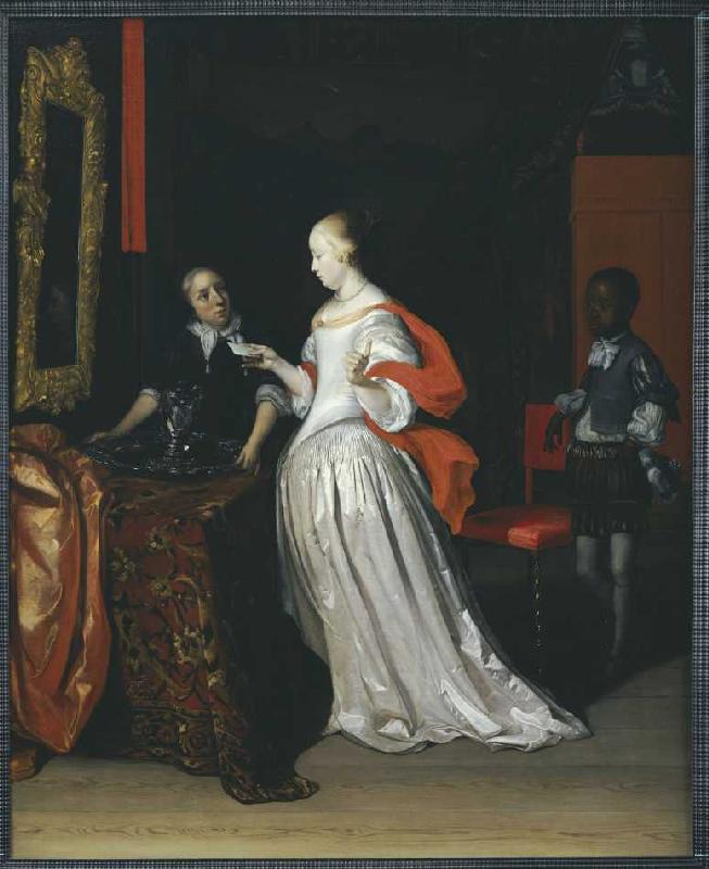 Eine Dame mit Brief wird bedient von einem Pagen, während eine Magd ein Silberkrug und ein Becken au de Eglon Hendrik van der Neer