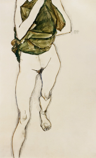 Striding torso in a green shirt. de Egon Schiele