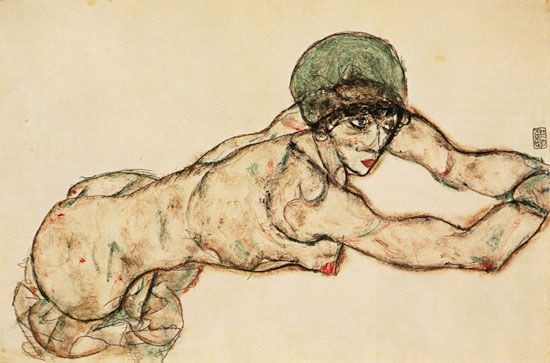 Woman act with a green bonnet lying to the right de Egon Schiele