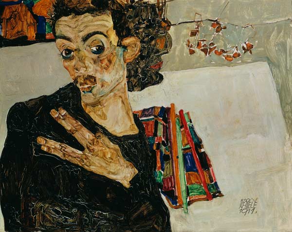 Self-portrait with a black earthenware vessel de Egon Schiele