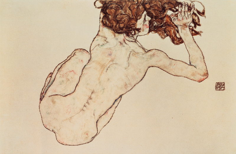 Espalda desnuda y agachada de Egon Schiele