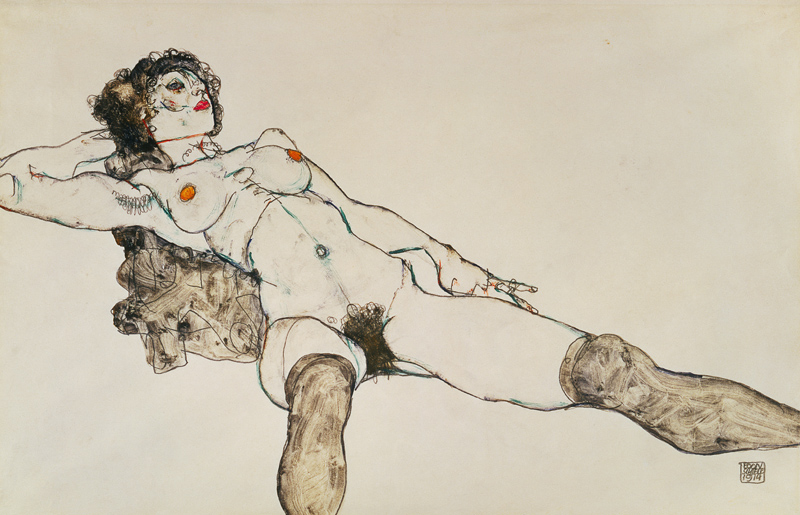Mujer desnuda acostada, piernas separadas de Egon Schiele