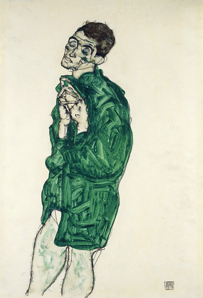 Self-portrait in green shirt with eyes closed de Egon Schiele