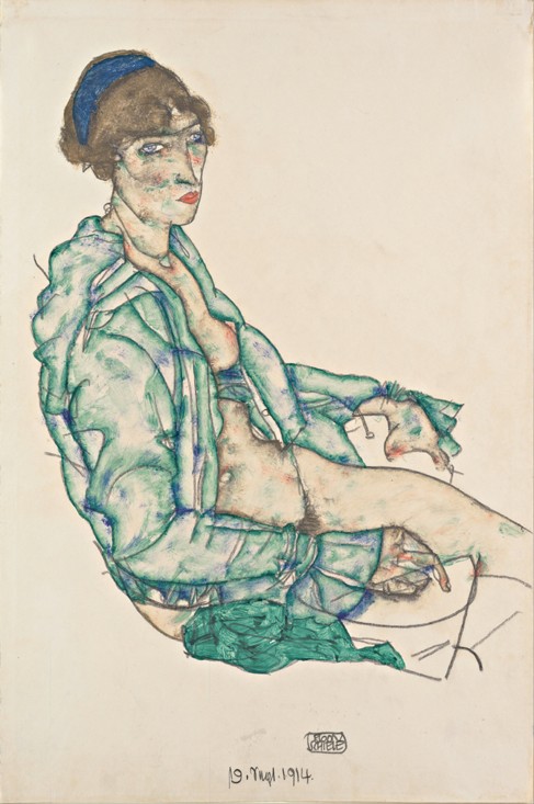 Sitting Semi-Nude with Blue Hairband de Egon Schiele