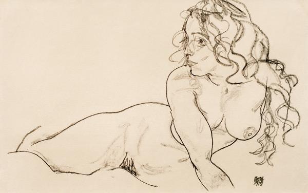 Desnudo femenino descansando con pelo largo - Egon Schiele