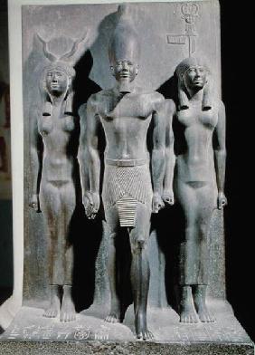 Triad of Menkaure (Mycerinus) with the goddess Hathor and the goddess of the Aphroditopolis nome, ta