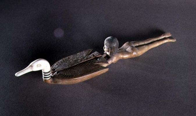 Spoon with a flattened handle in the form of a swimmer, New Kingdom, c.1400 BC (wood & ivory) (see a de Egyptian 18th Dynasty