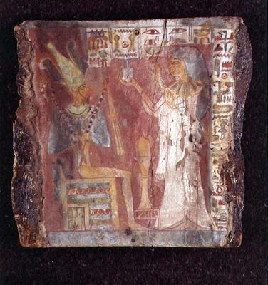 Interior of the sarcophagus of the singer, Toarnemiherti, showing the deceased offering incense to O de Egyptian 21st Dynasty