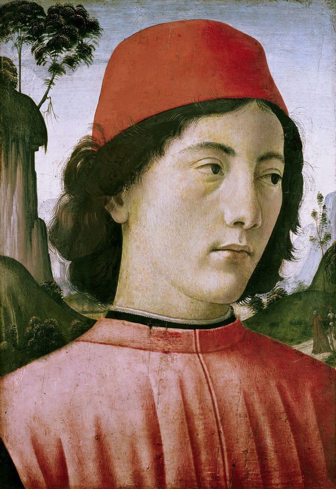 Portrait of a Young Man - Domenico Ghirlandaio en reproducción impresa o  copia al óleo sobre lienzo.