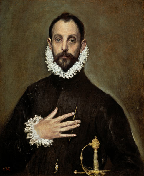 Un hombre noble con su mano en su pecho - El Greco en reproducción impresa  o copia al óleo sobre lienzo.