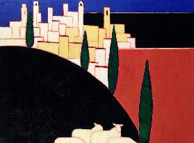 San Gimignano with Sheep, 1999 (acrylic on paper) 