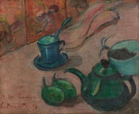 Still life with teapot, cup and fruit