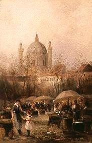 Market scene in Vienna, in the background the chur