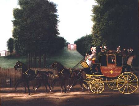 The Godalming and Guildford stagecoach owned by John Kirby Jun and inscribed "licensed to carry six de English School