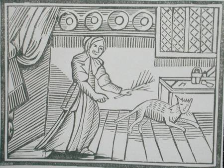 An old woman whipping her cat for catching mice on a Sunday, from a collection of chapbooks on esote de English School
