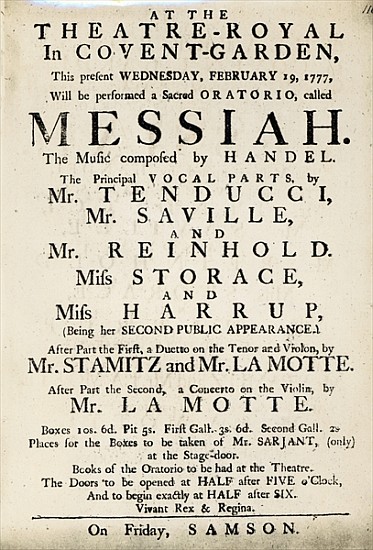 Playbill advertising a performance of Handel''s Oratorio, ''Messiah'' in 1777 de English School