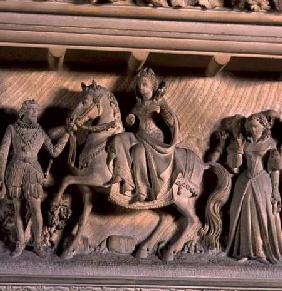 Elizabeth I being greeted by the Earl of Hereford in 1591, carved fireplace in the drawing room