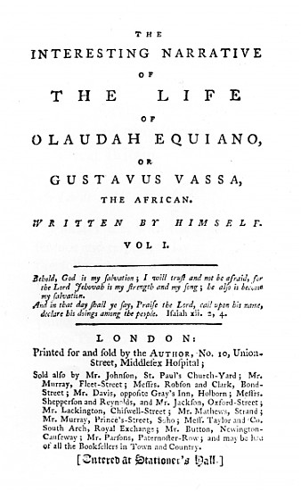 Title page to ''The Interesting Narrative of the Life of Olaudah Equiano, or Gustavus Vassa, the Afr de English School