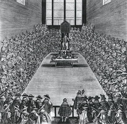 King James I (1566-1625) in the Houses of Parliament, 1624 (engraving) (b/w photo) de English School, (17th century)
