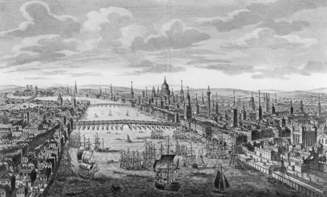 A General View of the City of London next to the River Thames, c.1780 (engraving) (b/w photo) de English School, (18th century)