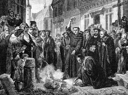 Martin Luther (1483-1546) Publicly Burning the Pope's Bull in 1521 (engraving)