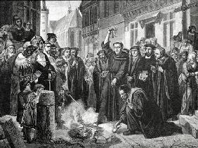 Martin Luther (1483-1546) Publicly Burning the Pope's Bull in 1521 (engraving)