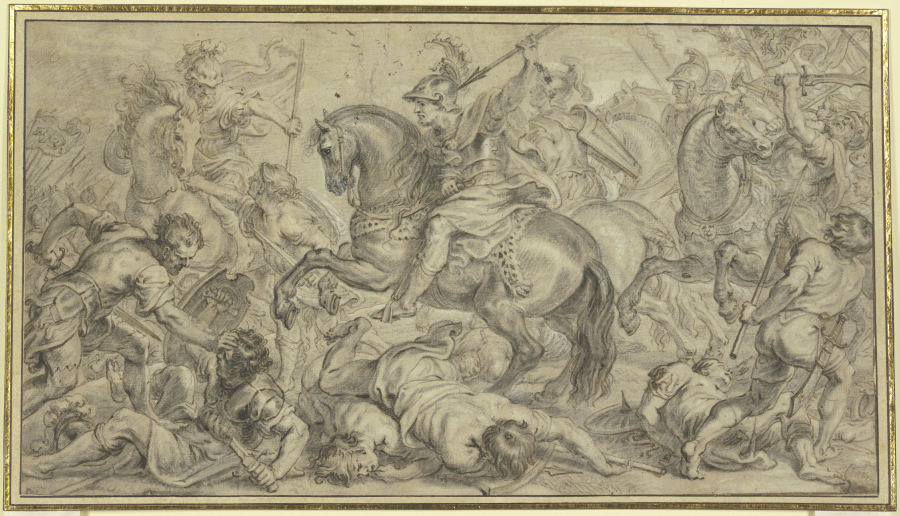 Eine Schlacht, in der Mitte ein Heerführer zu Pferde, den Wurfspieß in der Hand de Erasmus Quellinus d. J.