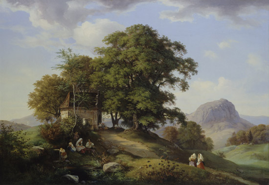 Mountainous landscape with cluster of trees and ch de Ernst Ferdinand Oehme
