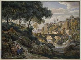 Italienische Gebirgslandschaft mit steinerner Brücke