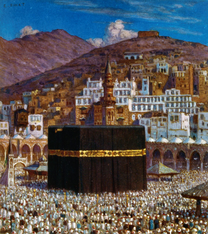 Illustration depicting Moslem pilgrims at the Kabbah in Mecca. by Nasreddine Dinet de Etienne Dinet
