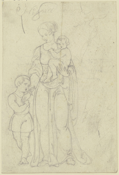 Frau im Renaissance-Habit mit einem Kind auf dem Arm und einem Jungen zu ihrer Rechten (Maria mit de de Eugen Eduard Schäffer