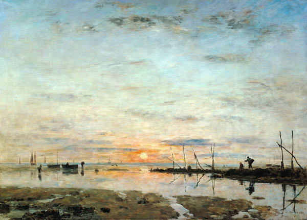 Le Havre, coucher de soleil a mer basse de Eugène Boudin