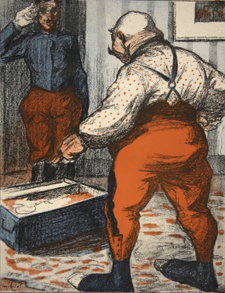 A civil servant overseeing the arrangement of his underwear, illustration from ''L''assiette au Beur de Eugene Cadel