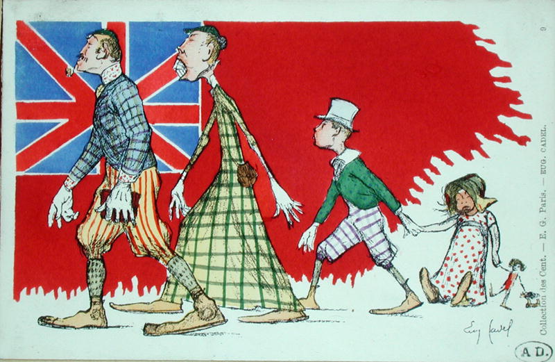 British family as perceived by the French, postcard (colour litho)  de Eugene Cadel