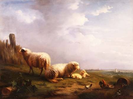 Sheep and chickens in a landscape de Eugène Joseph Verboeckhoven