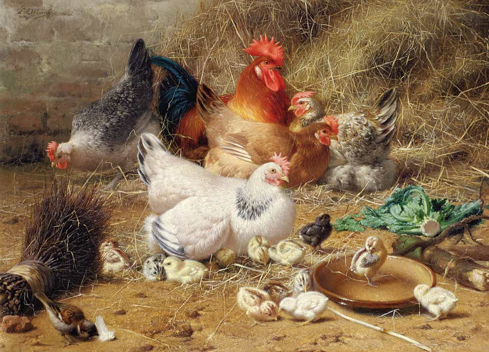 Hens roosting with their chickens de Eugène Remy Maes
