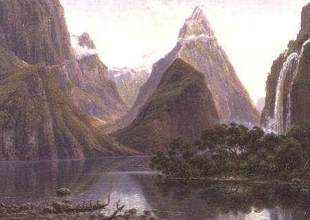 Native figures in a canoe at Milford Sound, West Coast of South Island, New Zealand, also depicted a de Eugene von Guerard