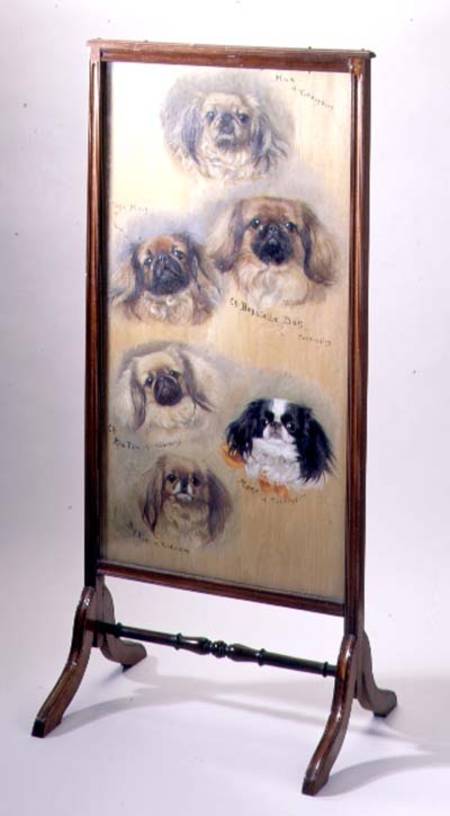 Head studies of Pekinese dogs, mounted as a fire screen de F. Mabel Hollams