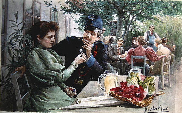 Soldier and a Young Girl Drinking New Wine, 1896 (w/c on paper)  de Felicien baron de Myrbach-Rheinfeld