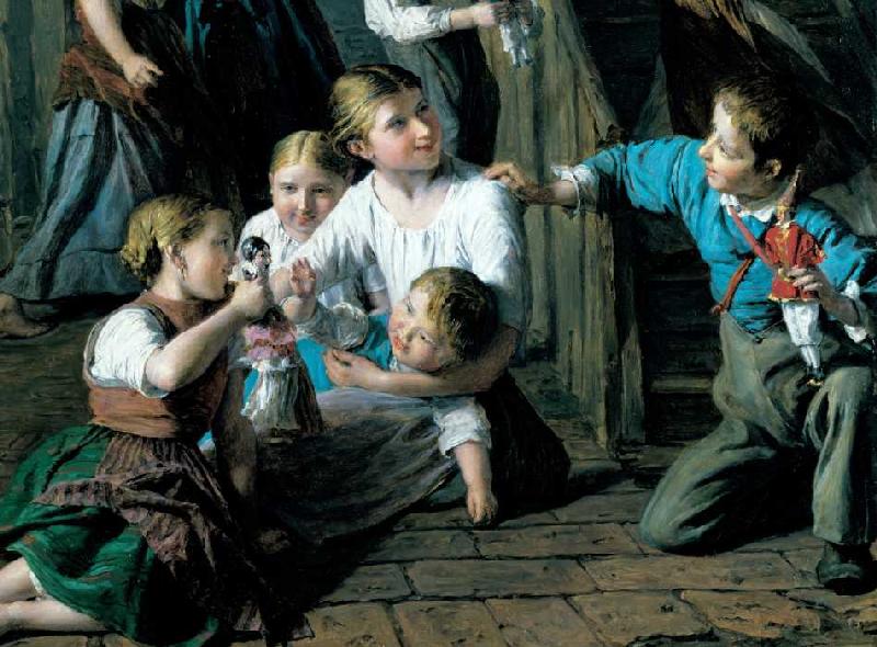 Kinder, mit Puppen spielend. 1864. Detail de Ferdinand Georg Waldmüller