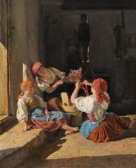 Children decorating a Conscript's hat