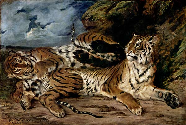 Pequeño tigre juega con su mamá de Ferdinand Victor Eugène Delacroix