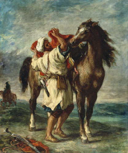 Un árabe ensilla su caballo de Ferdinand Victor Eugène Delacroix