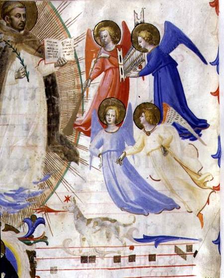Ms 558 f.67v St. Dominic with four musical angels, from a gradual from San Marco e Cenacoli de Fra Beato Angelico