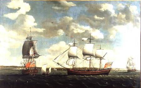 Portrait of an East Indiaman in three positions off Portsmouth de Francis Holman