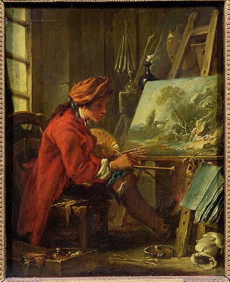 El pintor en su estudio - François Boucher en reproducción impresa o copia  al óleo sobre lienzo.