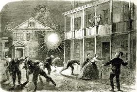 The Federals shelling the City of Charleston: Shell bursting in the streets in 1863