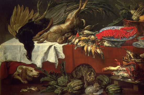 Naturaleza muerta con langostas, aves, melones y perro de Frans Snyders